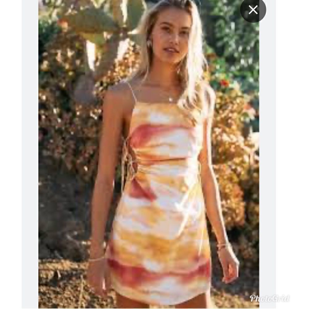 Endless Blu Ruched Side ties mini dress with sunrise print